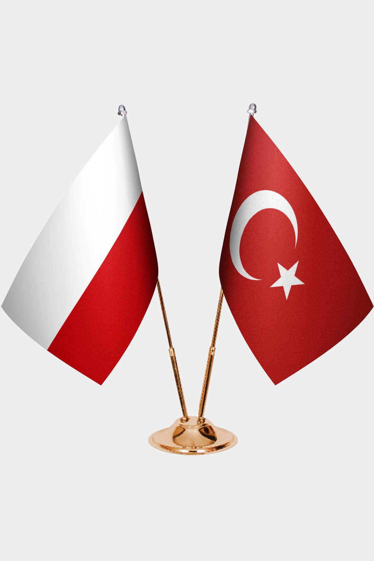 Poland and Türkiye dual desk flag set with gold pedestal, satin office table flag