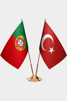 Portugal and Türkiye dual desk flag set with gold pedestal, satin office table flag