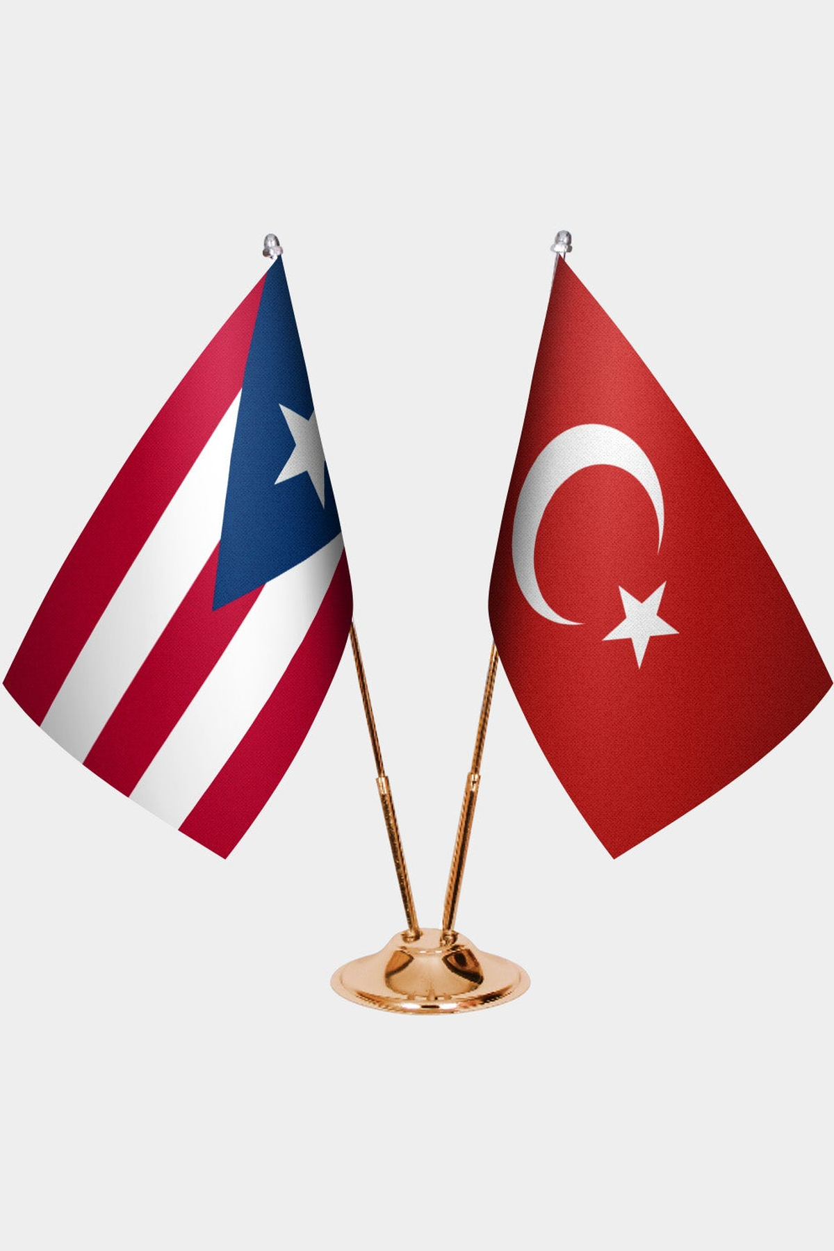 Puerto Rico and Türkiye dual desk flag set with gold pedestal, satin office table flag