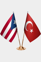 Puerto Rico and Türkiye dual desk flag set with gold pedestal, satin office table flag