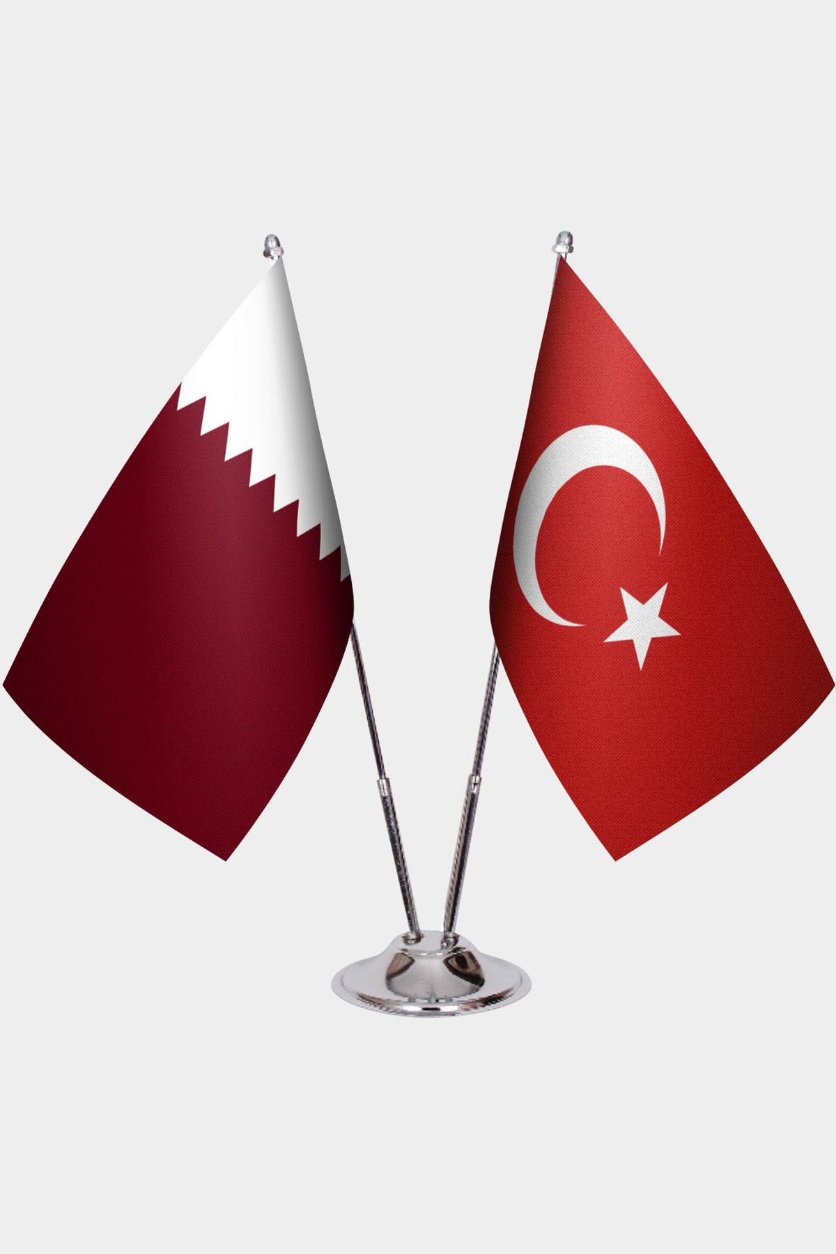 Qatar and Türkiye dual desk flag set with chrome silver pedestal, satin office table flag