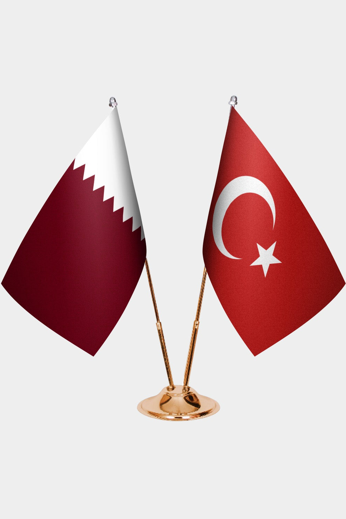 Qatar and Türkiye dual desk flag set with gold pedestal, satin office table flag
