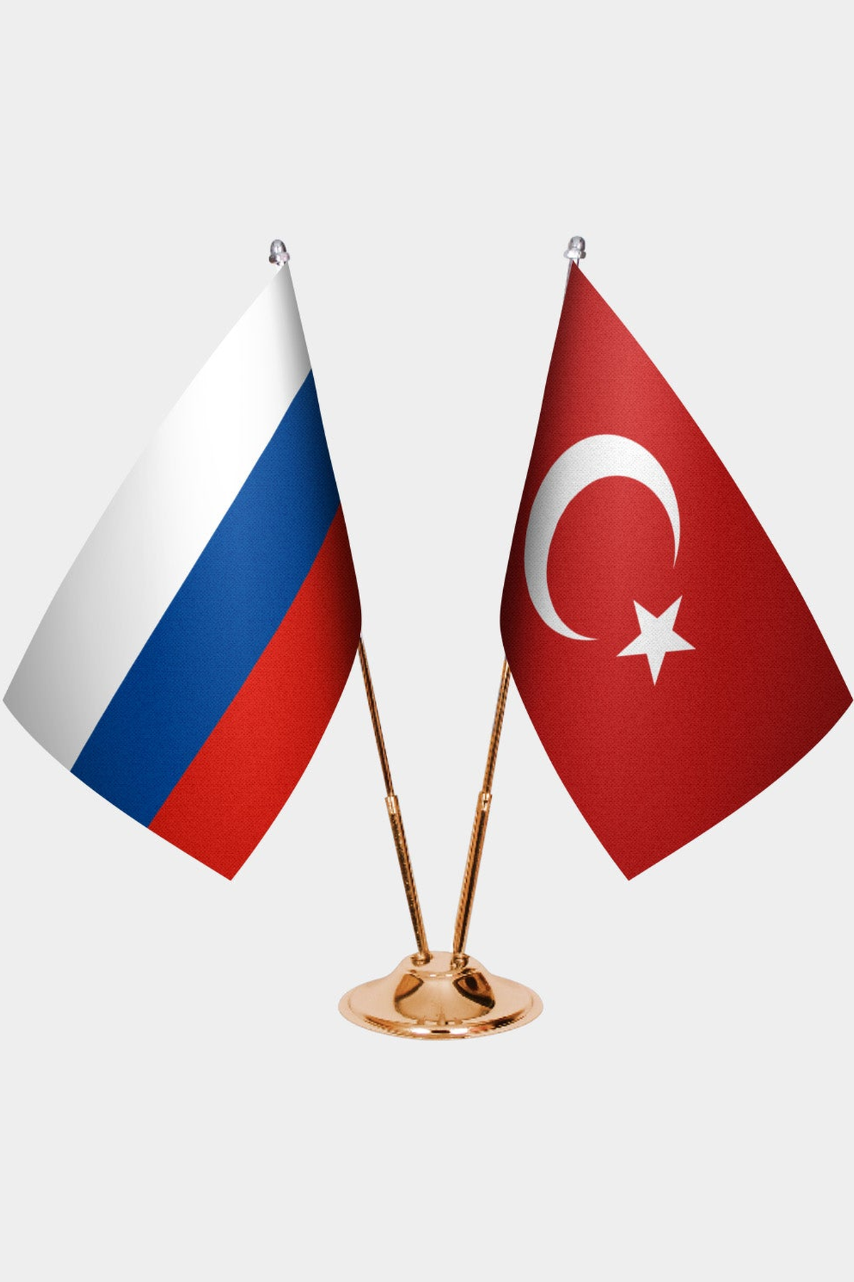 Russia and Türkiye dual desk flag set with gold pedestal, satin office table flag