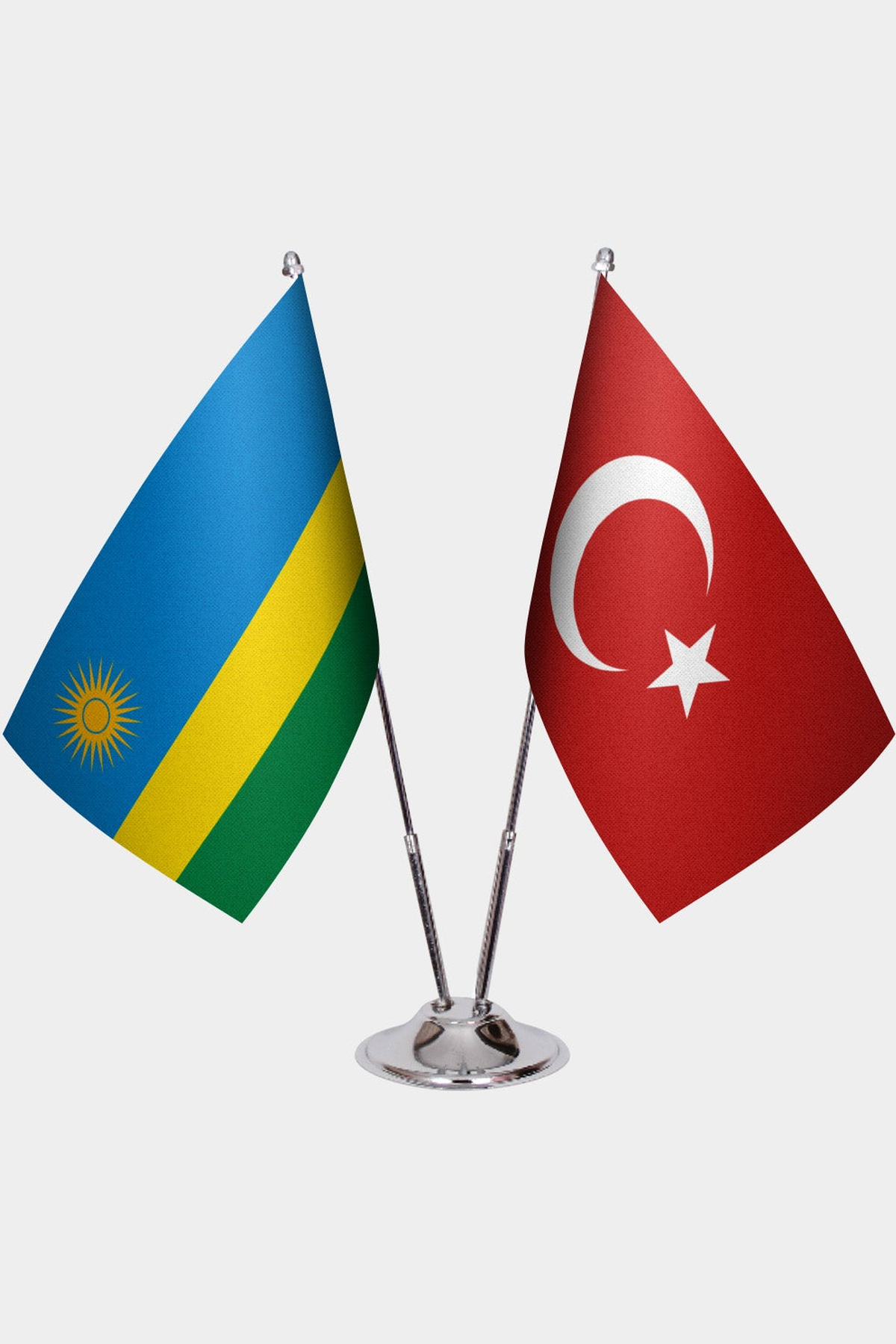 Rwanda and Türkiye dual desk flag set with chrome silver pedestal, satin office table flag