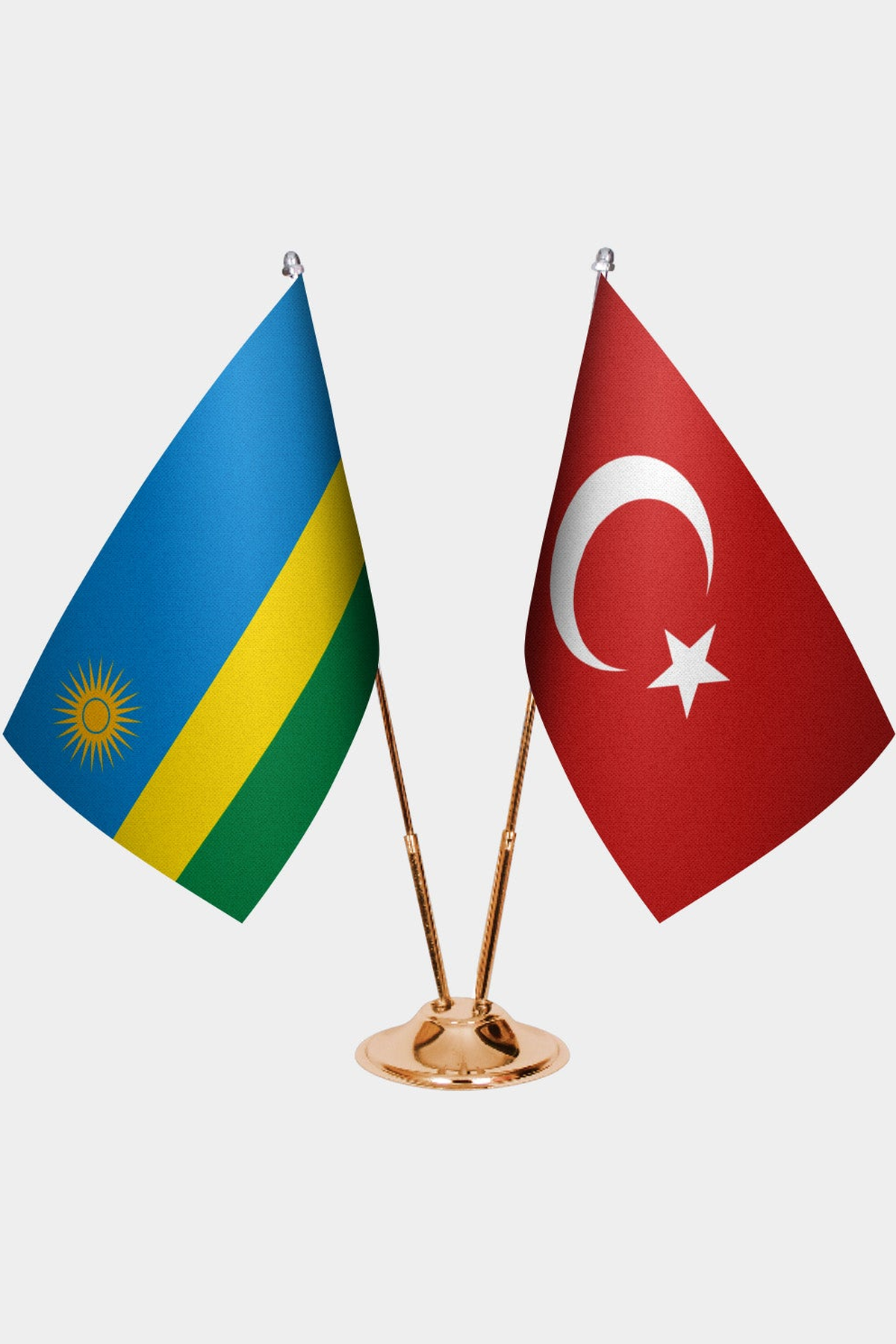Rwanda and Türkiye dual desk flag set with gold pedestal, satin office table flag