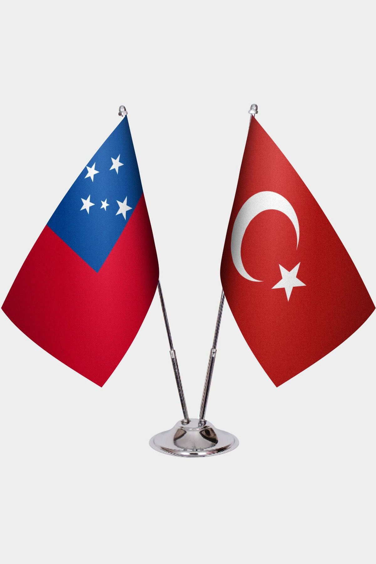 Samoa and Türkiye dual desk flag set with chrome silver pedestal, satin office table flag