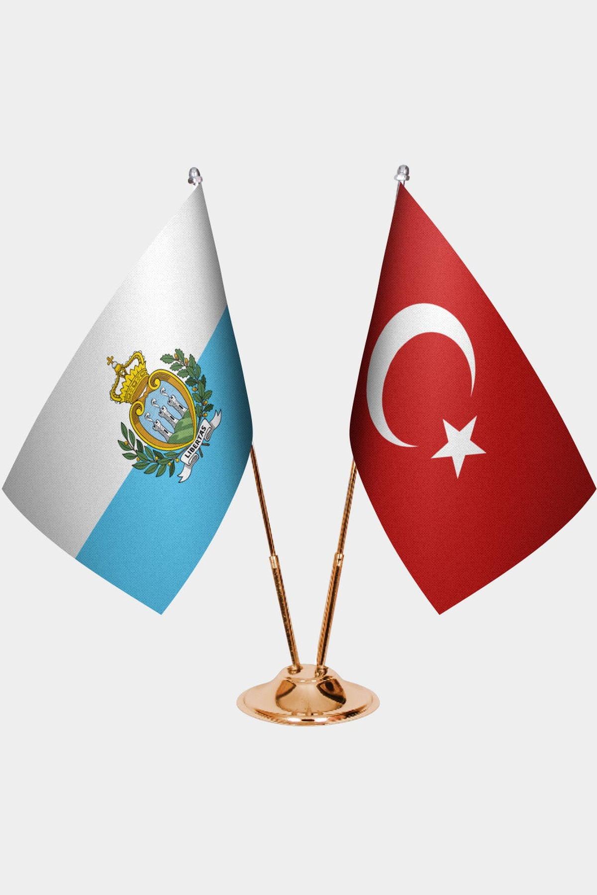 San Marino and Türkiye dual desk flag set with gold pedestal, satin office table flag