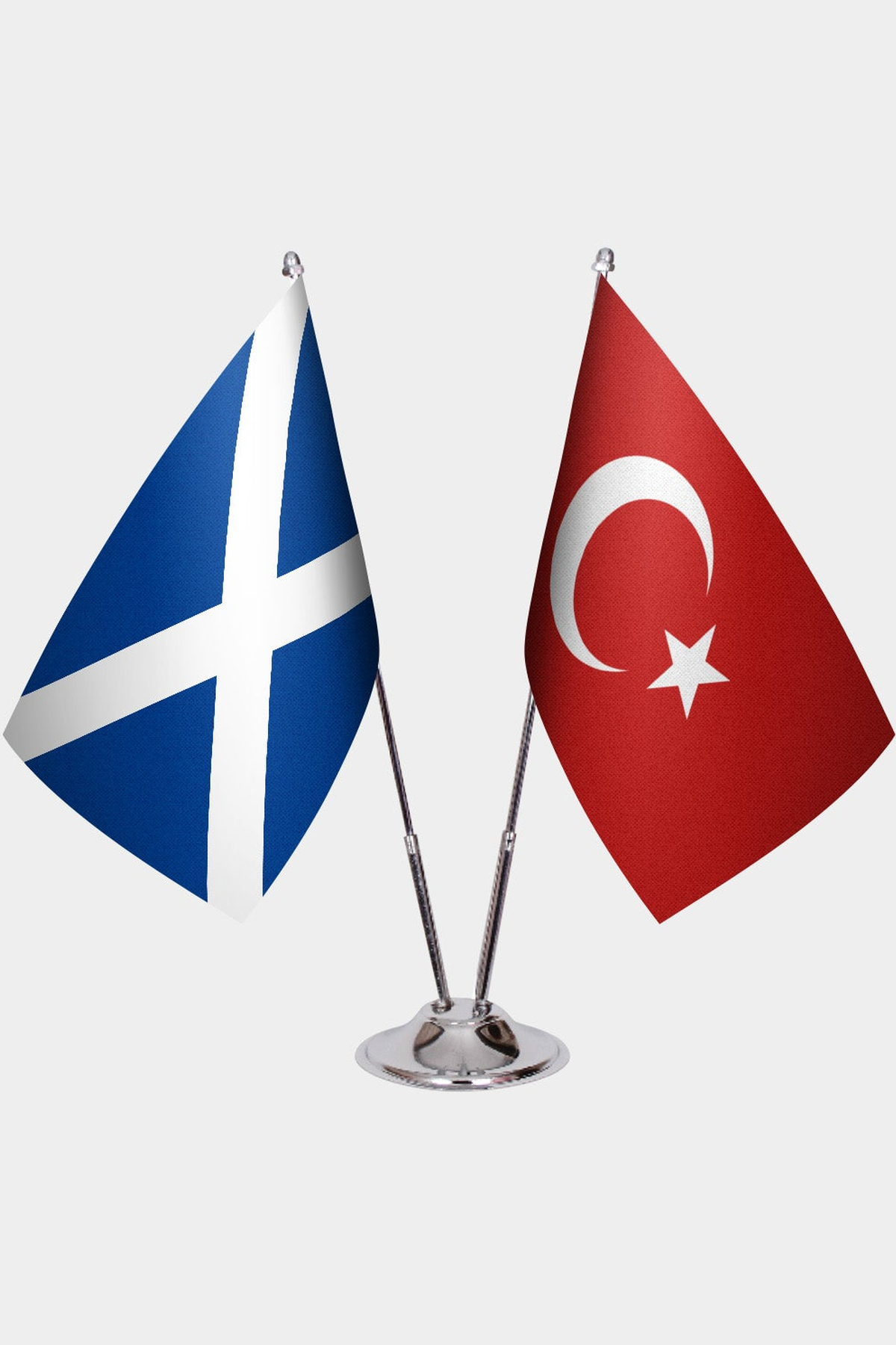Scotland and Türkiye dual desk flag set with chrome silver pedestal, satin office table flag