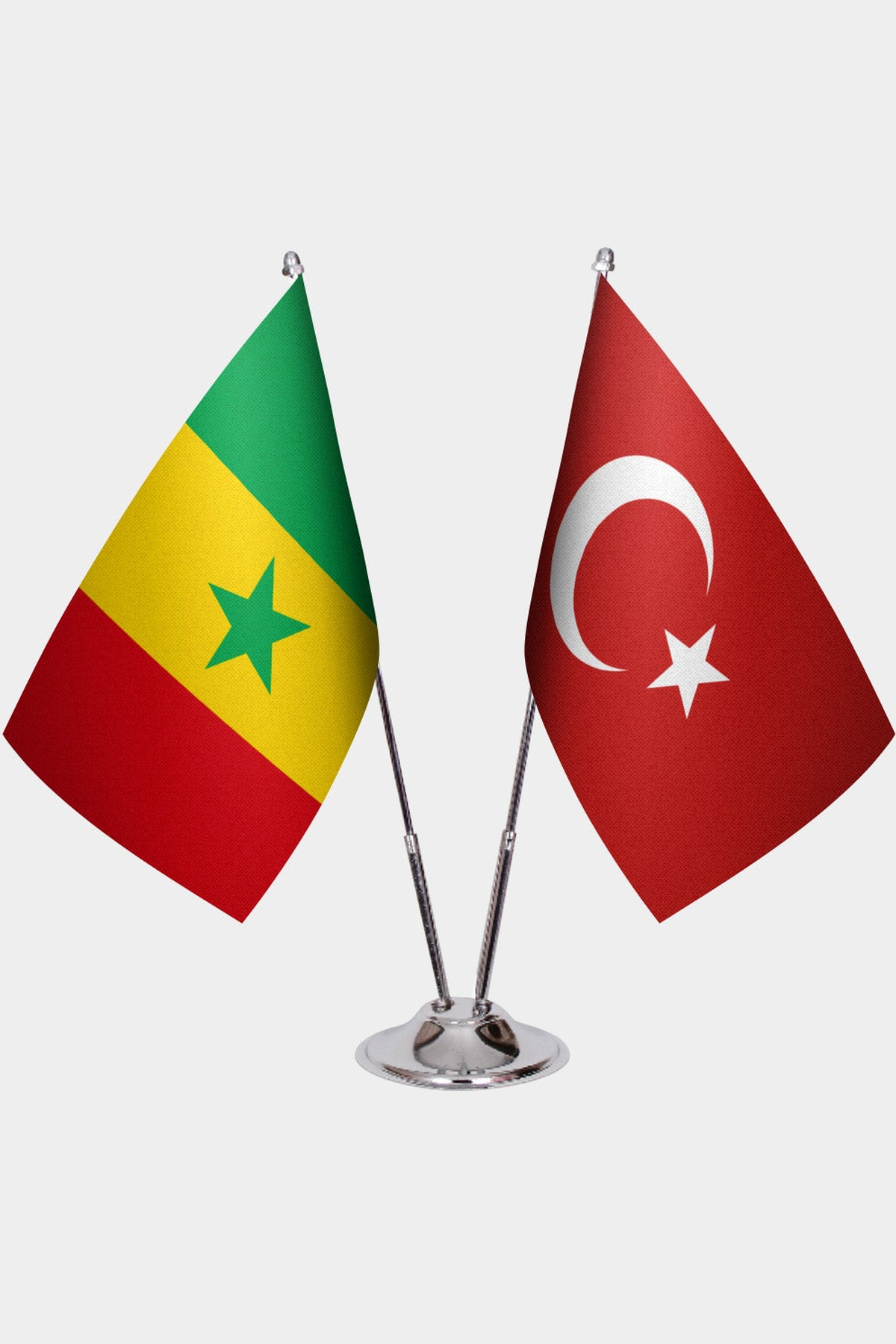 Senegal and Türkiye dual desk flag set with chrome silver pedestal, satin office table flag