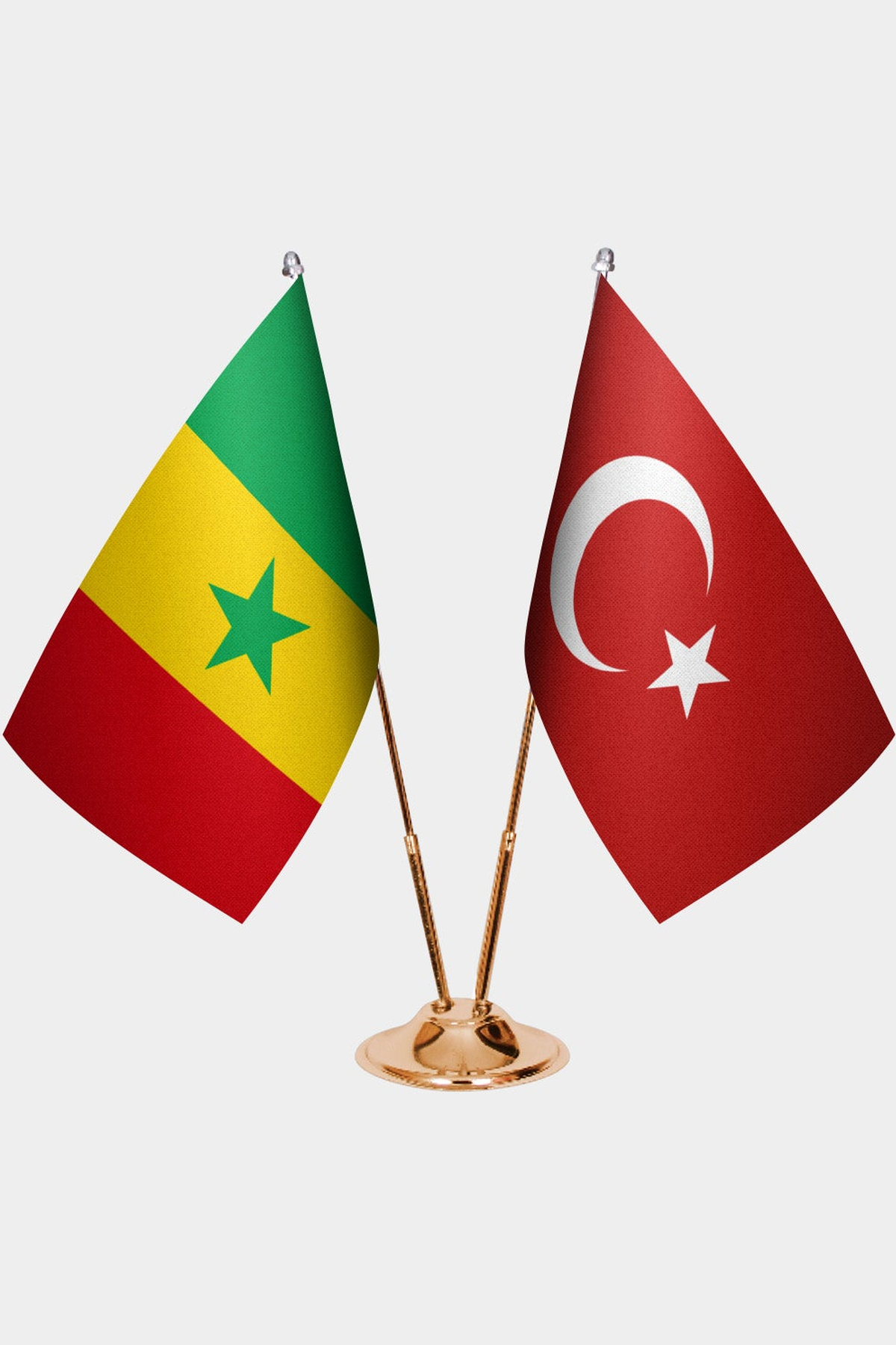 Senegal and Türkiye dual desk flag set with gold pedestal, satin office table flag