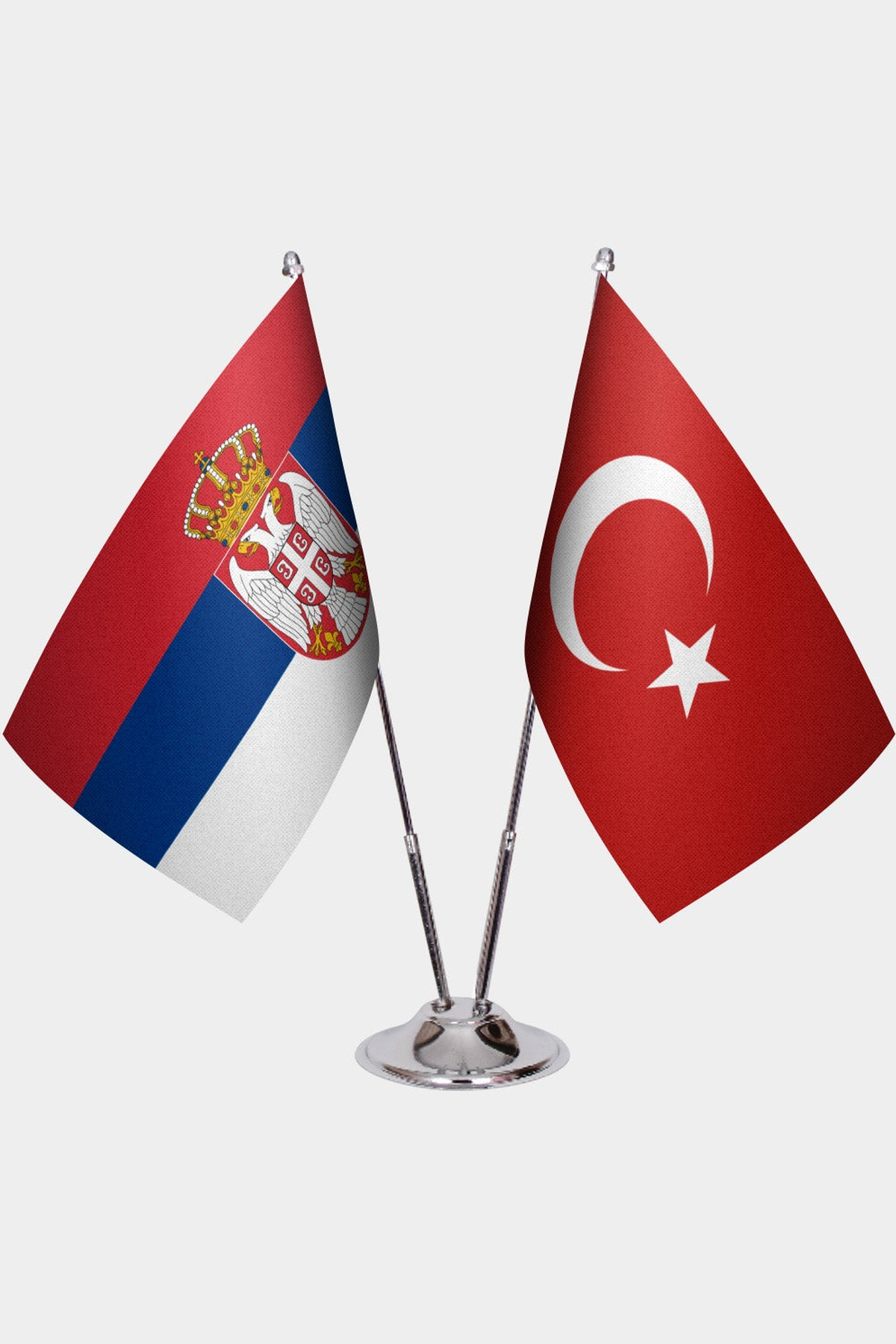 Serbia and Türkiye dual desk flag set with chrome silver pedestal, satin office table flag