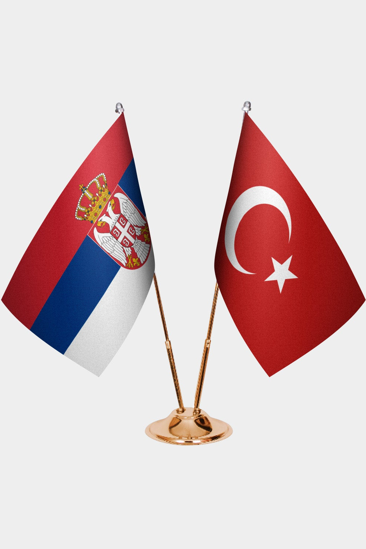 Serbia and Türkiye dual desk flag set with gold pedestal, satin office table flag