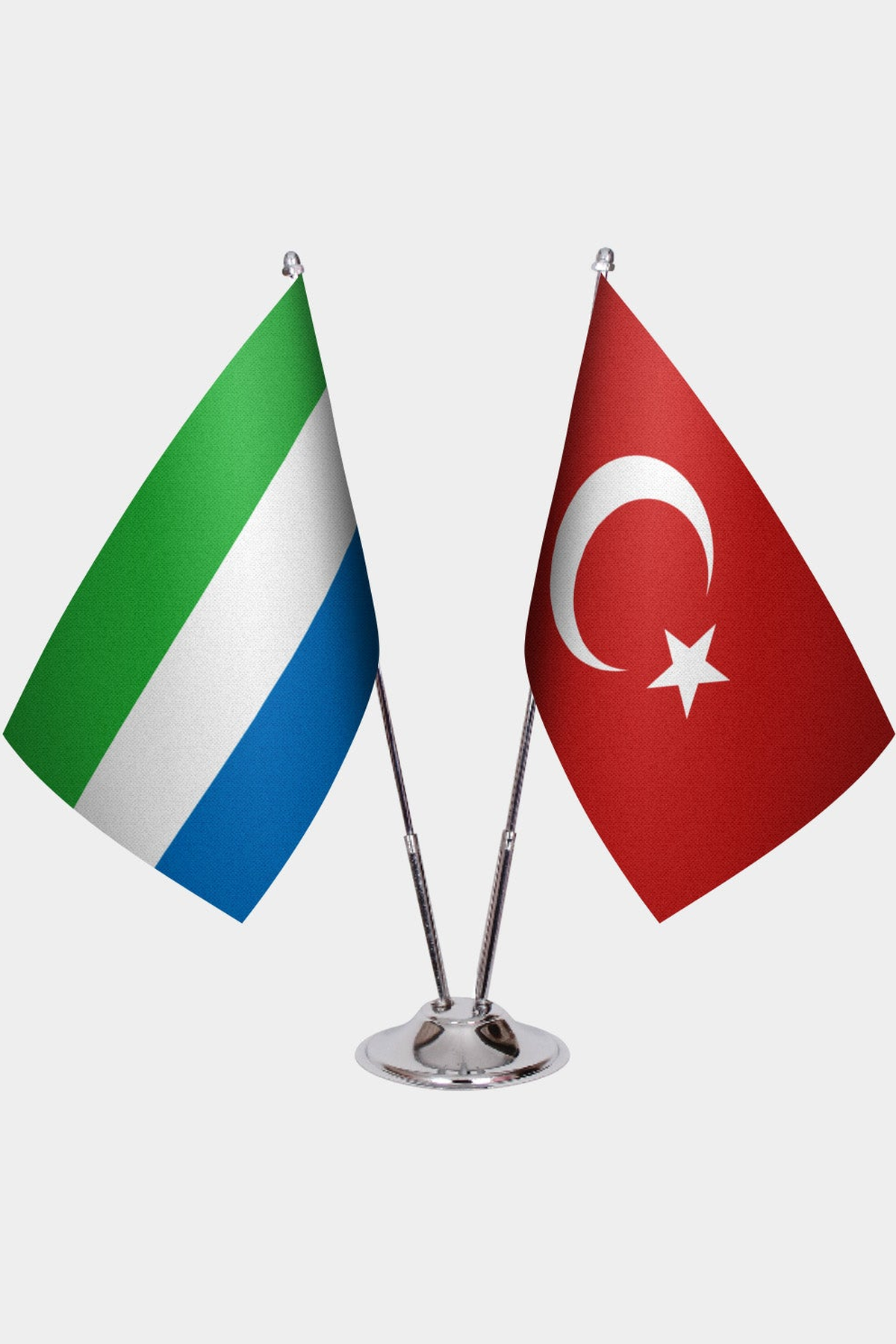 Sierra Leone and Türkiye dual desk flag set with chrome silver pedestal, satin office table flag