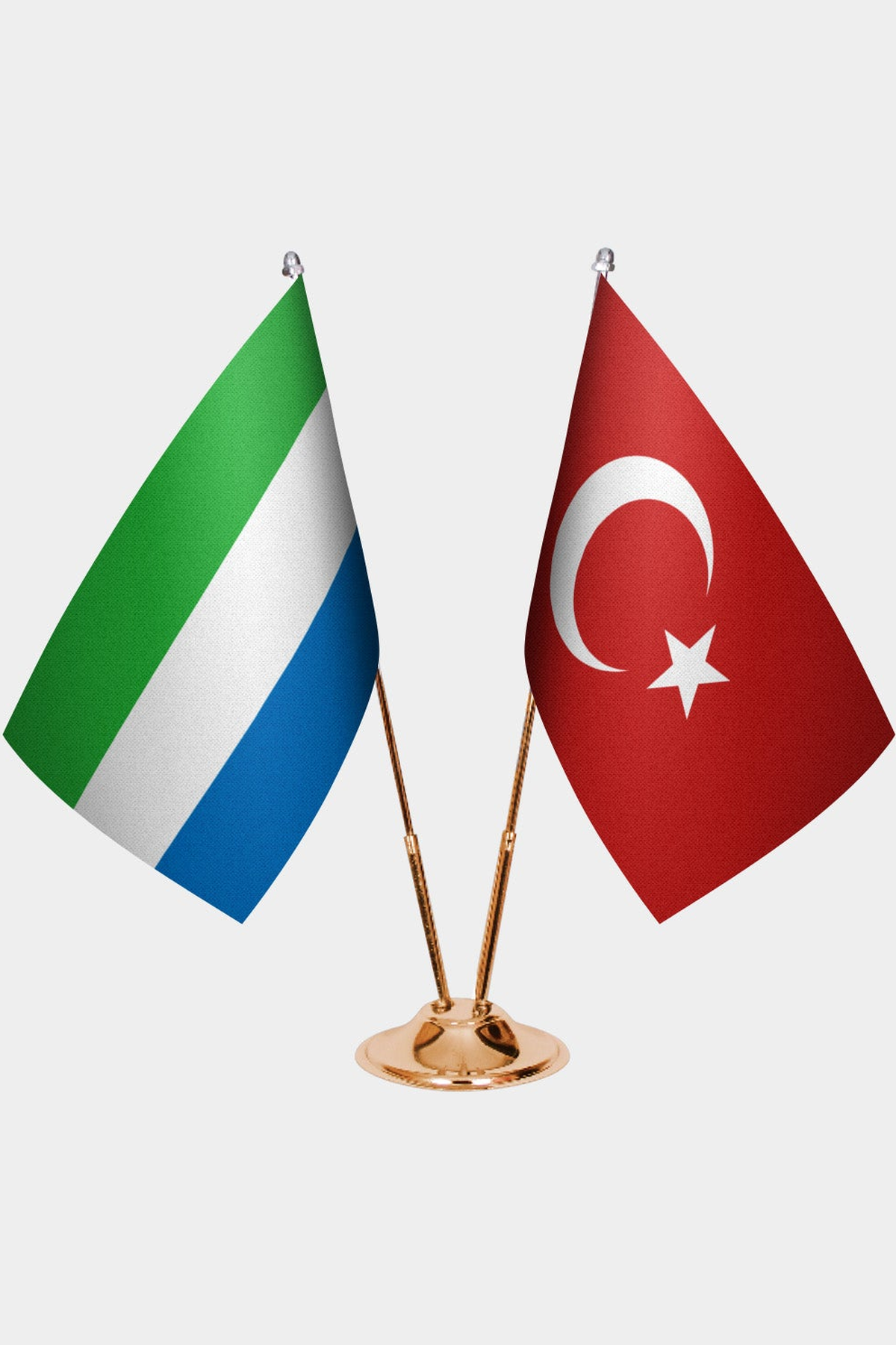 Sierra Leone and Türkiye dual desk flag set with gold pedestal, satin office table flag