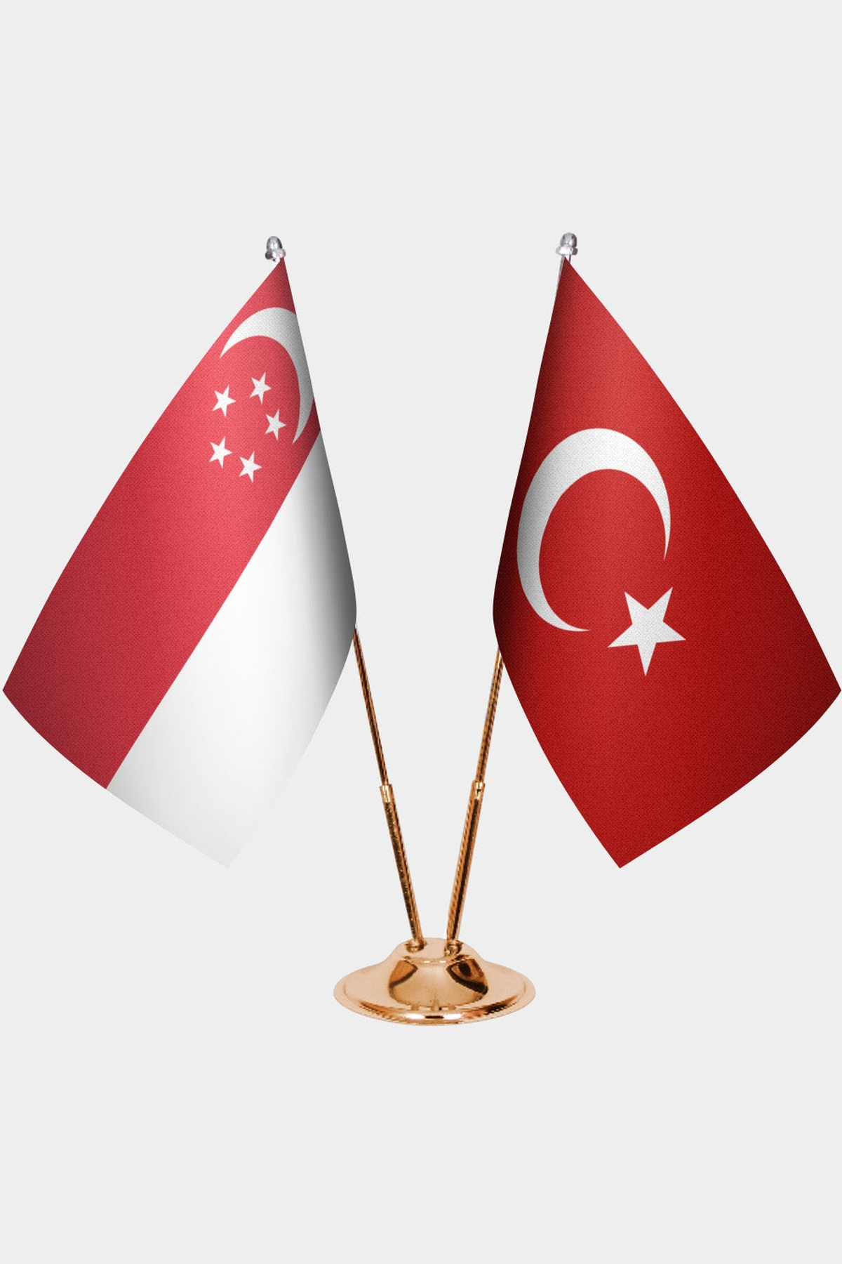 Singapore and Türkiye dual desk flag set with gold pedestal, satin office table flag