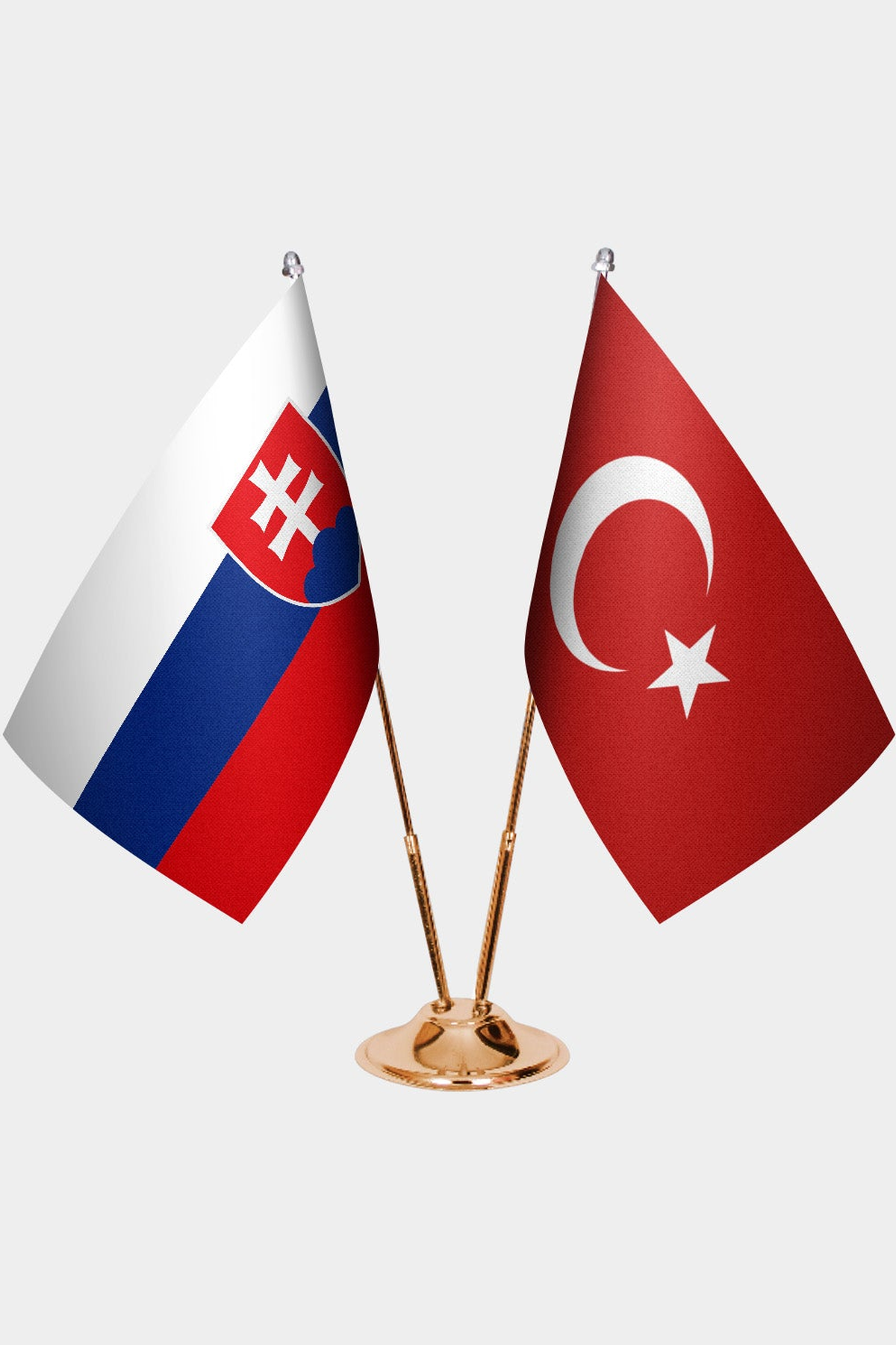 Slovakia and Türkiye dual desk flag set with gold pedestal, satin office table flag