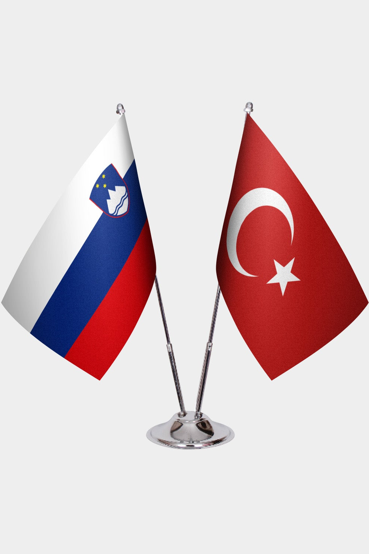 Slovenia and Türkiye dual desk flag set with chrome silver pedestal, satin office table flag