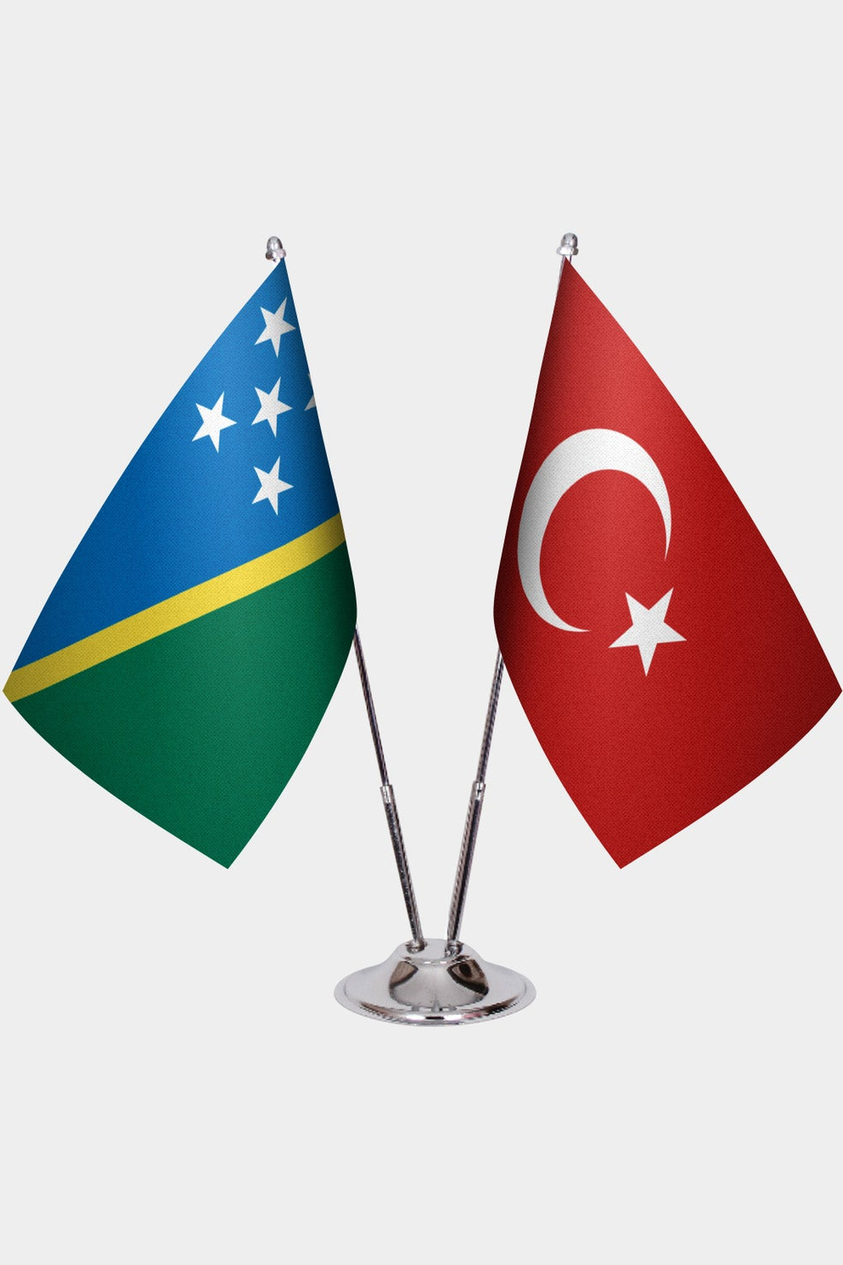 Solomon Islands and Türkiye dual desk flag set with chrome silver pedestal, satin office table flag