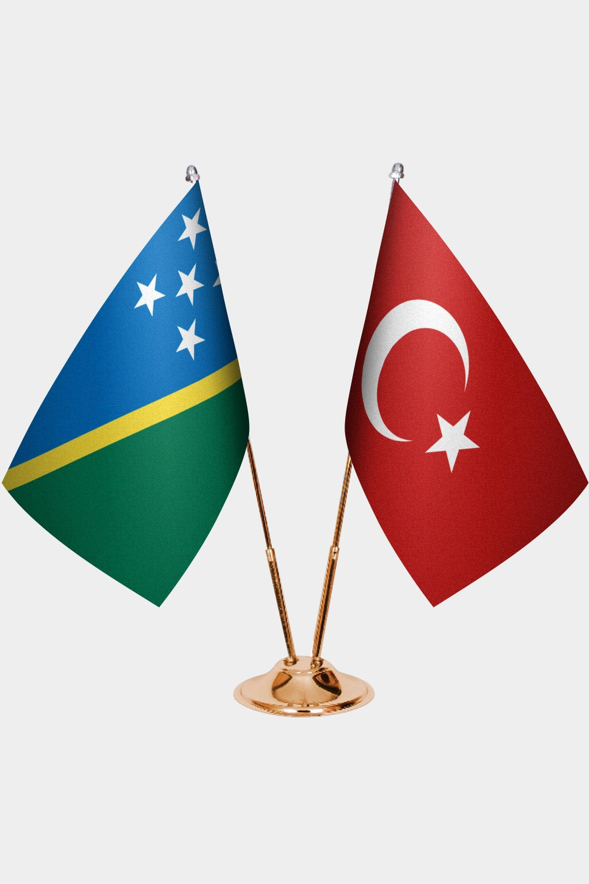 Solomon Islands and Türkiye dual desk flag set with gold pedestal, satin office table flag