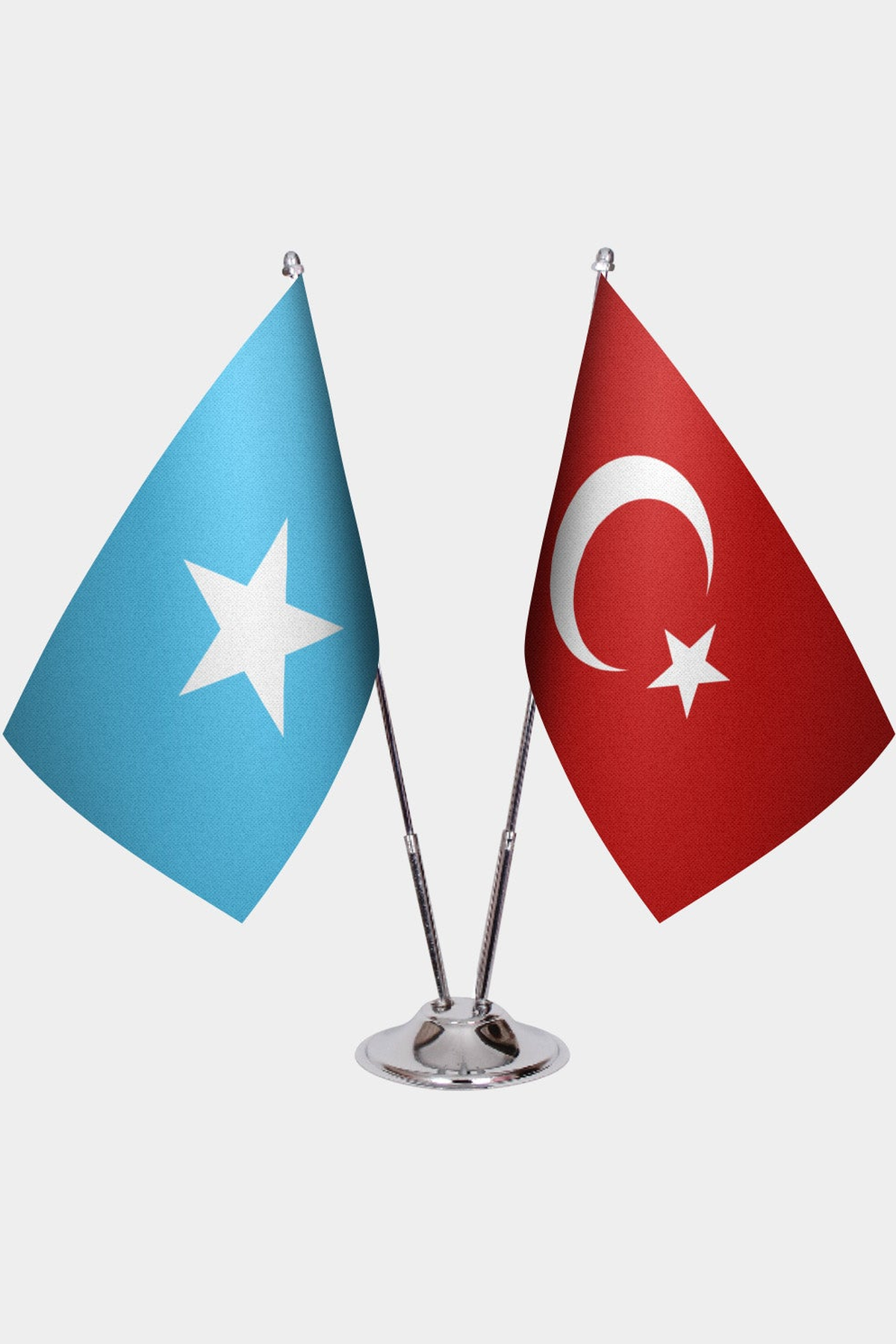 Somalia and Türkiye dual desk flag set with chrome silver pedestal, satin office table flag