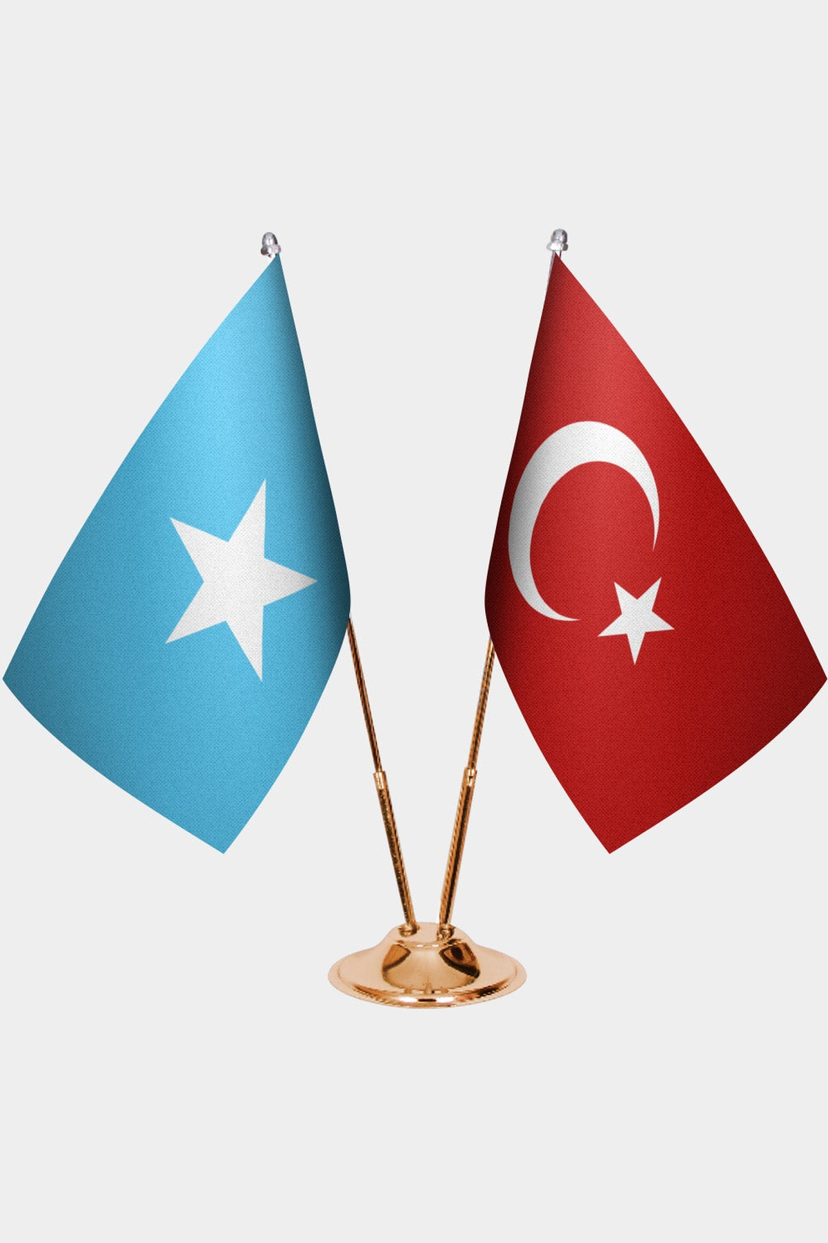 Somalia and Türkiye dual desk flag set with gold pedestal, satin office table flag