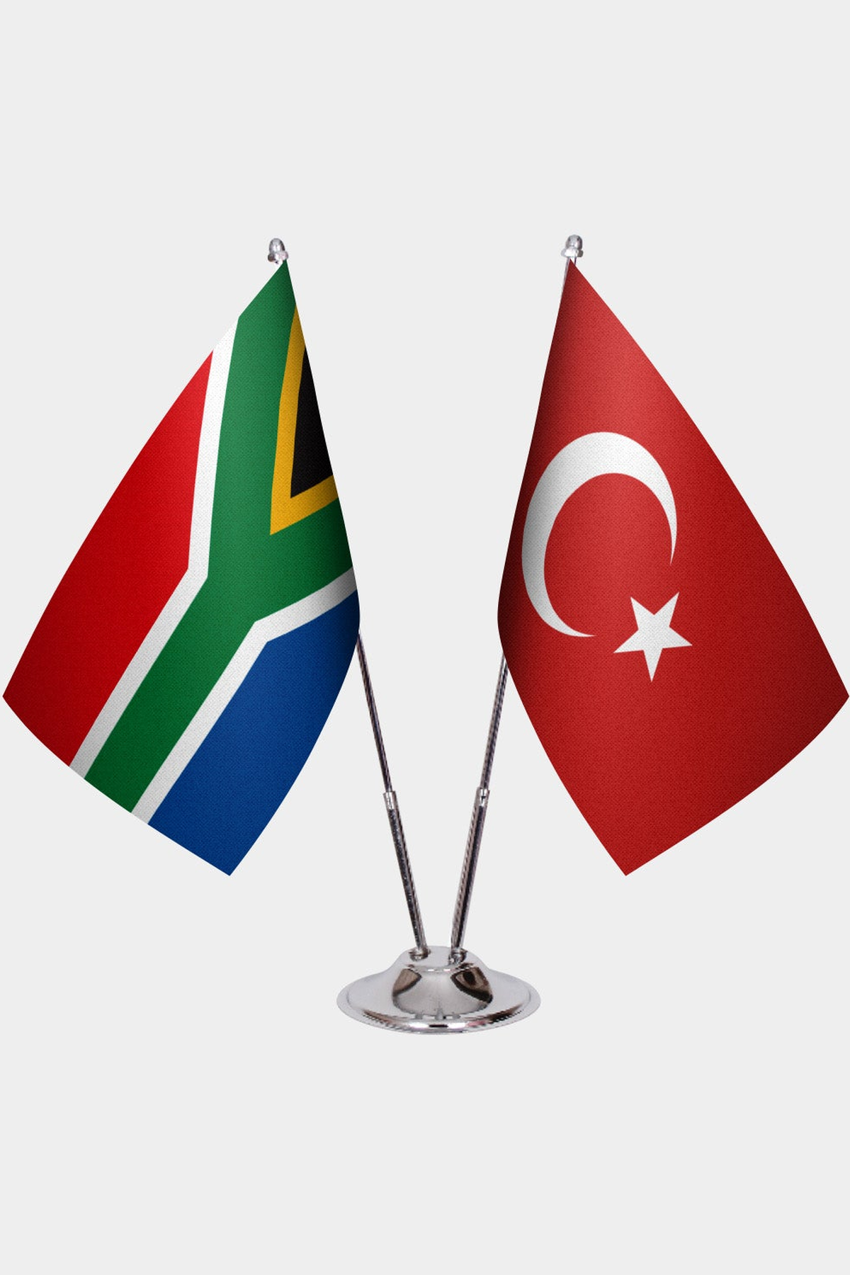 South Africa and Türkiye dual desk flag set with chrome silver pedestal, satin office table flag