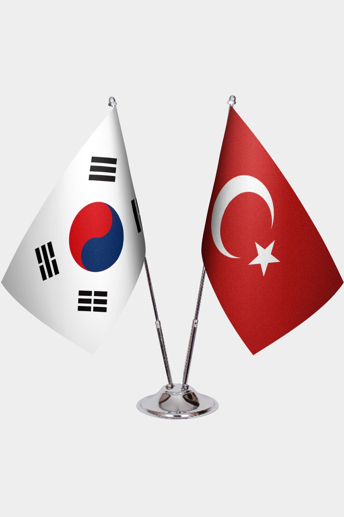 South Korea and Türkiye dual desk flag set with chrome silver pedestal, satin office table flag