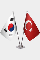 South Korea and Türkiye dual desk flag set with chrome silver pedestal, satin office table flag