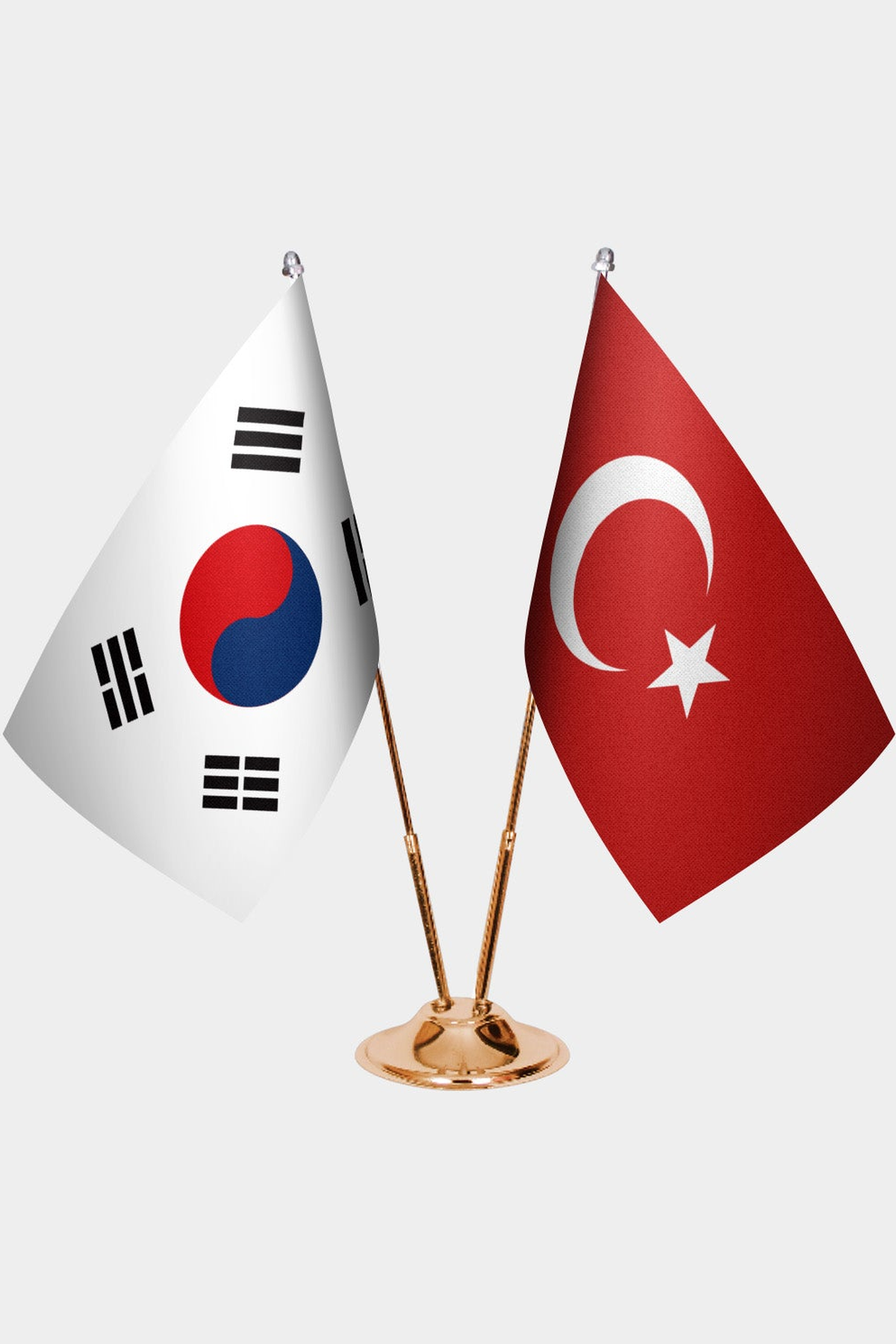 South Korea and Türkiye dual desk flag set with gold pedestal, satin office table flag