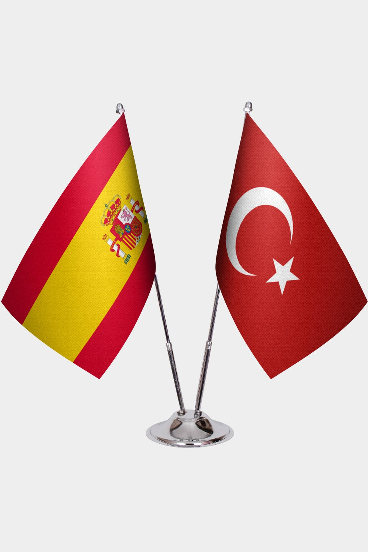 Spain and Türkiye dual desk flag set with chrome silver pedestal, satin office table flag