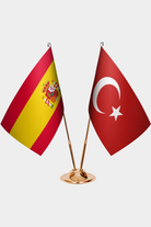 Spain and Türkiye dual desk flag set with gold pedestal, satin office table flag