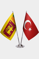 Sri Lanka and Türkiye dual desk flag set with chrome silver pedestal, satin office table flag