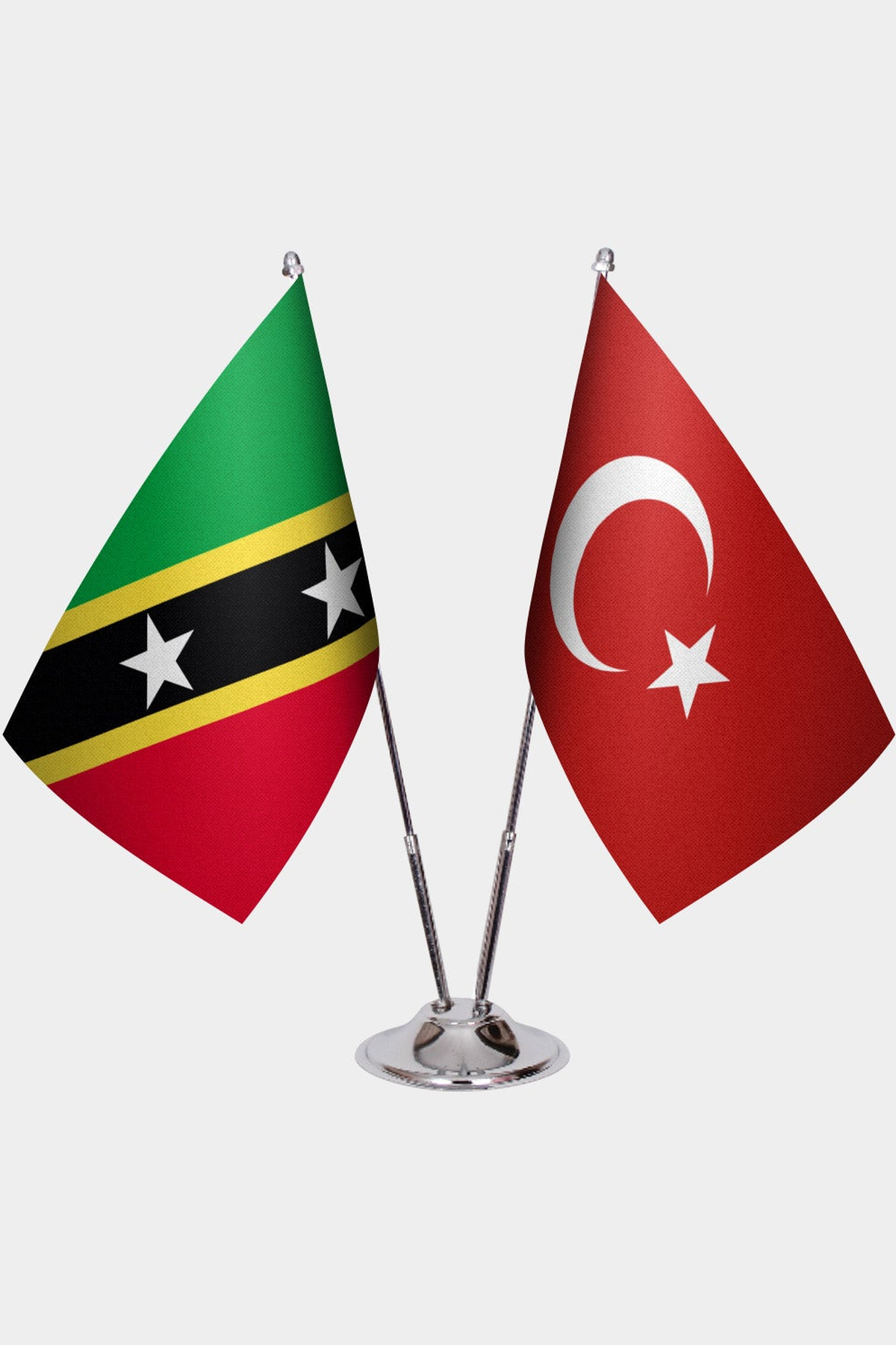 St. Kitts & Nevis and Türkiye dual desk flag set with chrome silver pedestal, satin office table flag