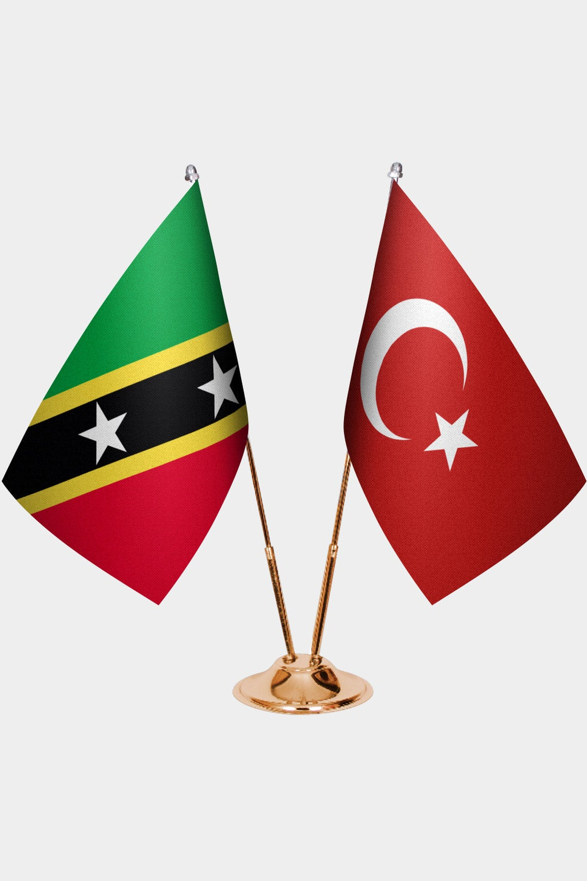 St. Kitts & Nevis and Türkiye dual desk flag set with gold pedestal, satin office table flag