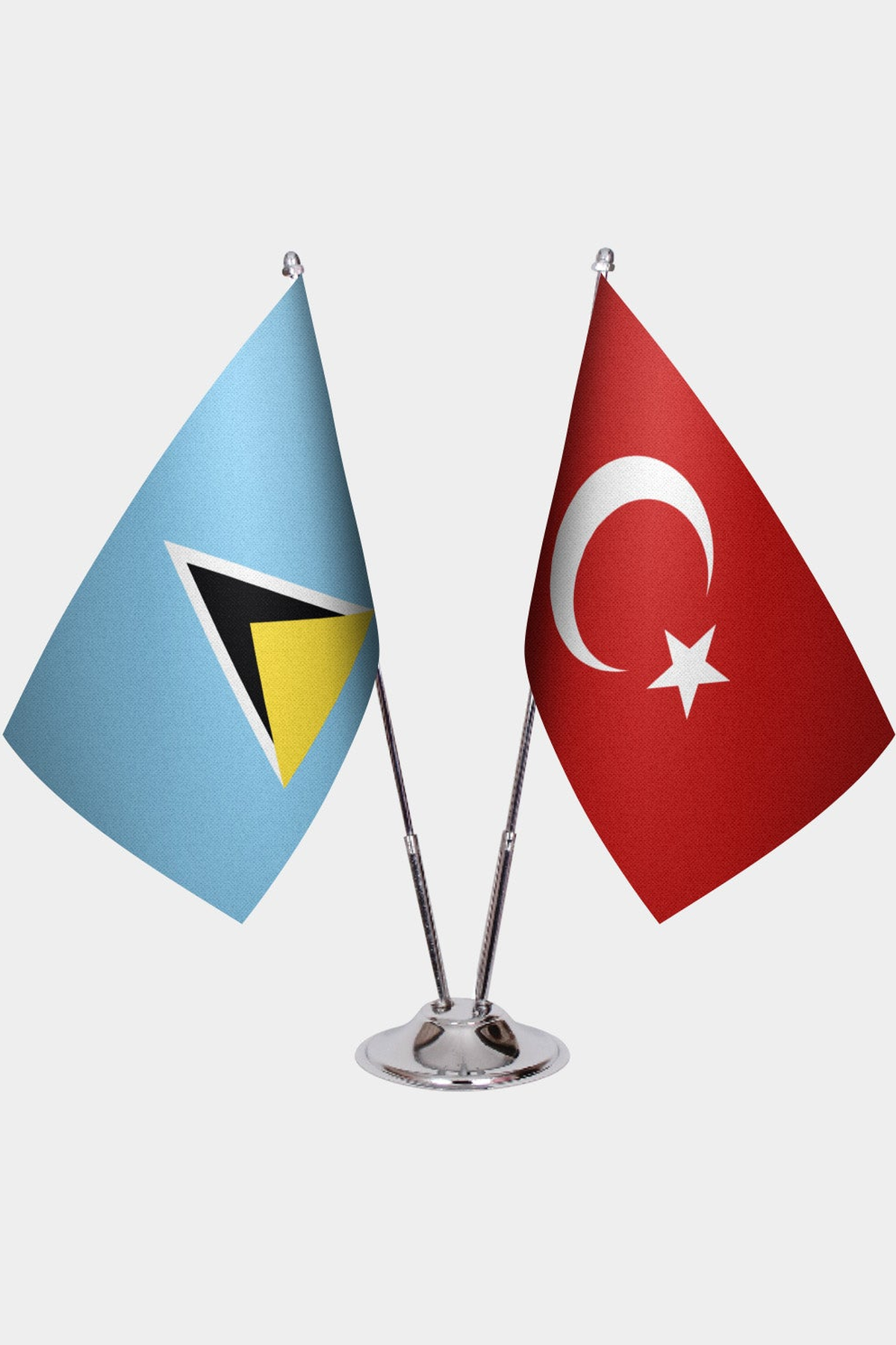 St. Lucia and Türkiye dual desk flag set with chrome silver pedestal, satin office table flag