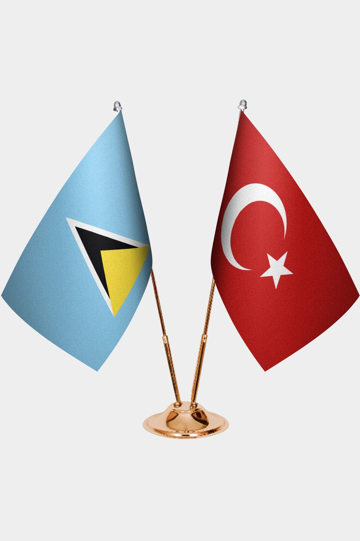 St. Lucia and Türkiye dual desk flag set with gold pedestal, satin office table flag