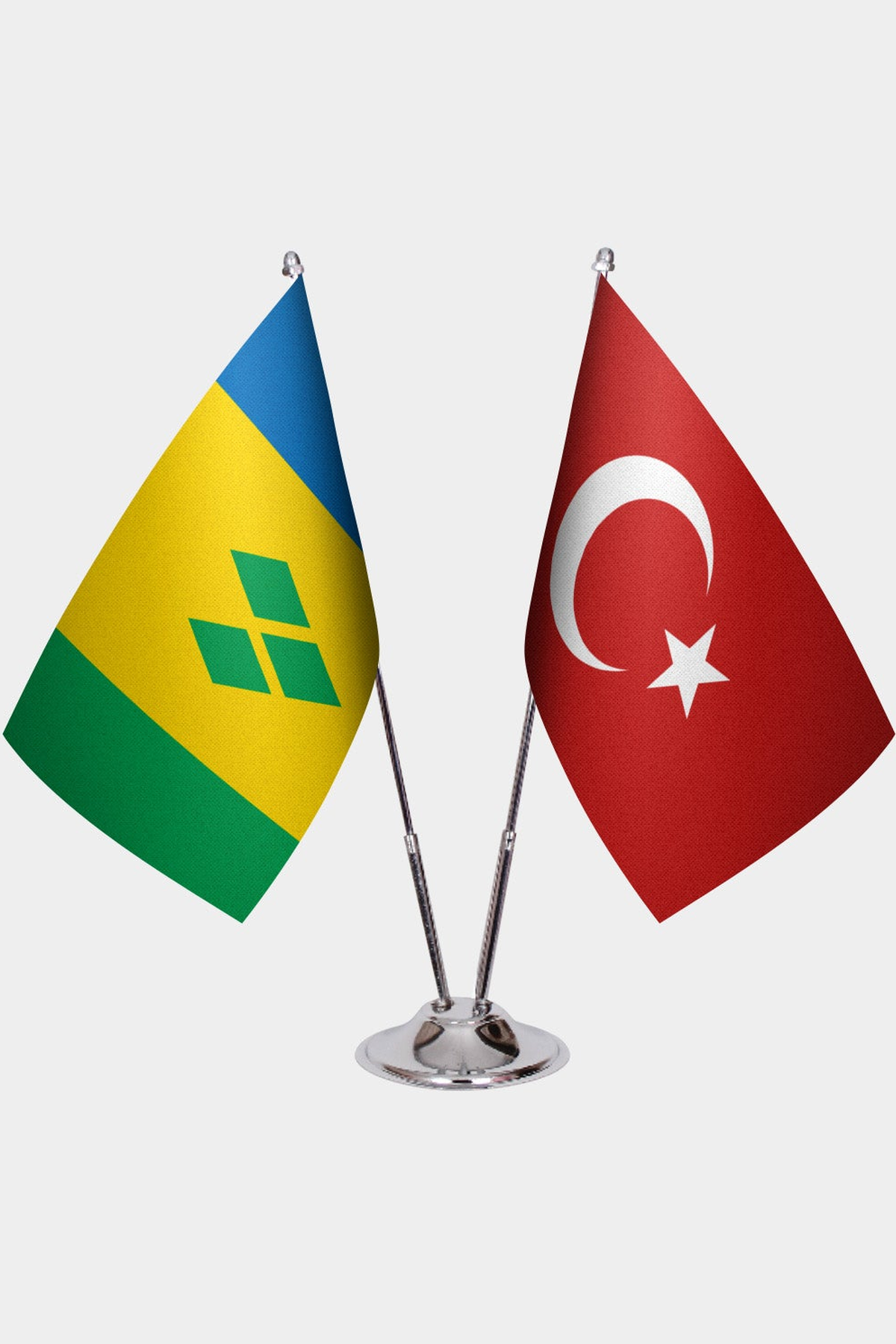 St. Vincent & Grenadines and Türkiye dual desk flag set with chrome silver pedestal, satin office table flag