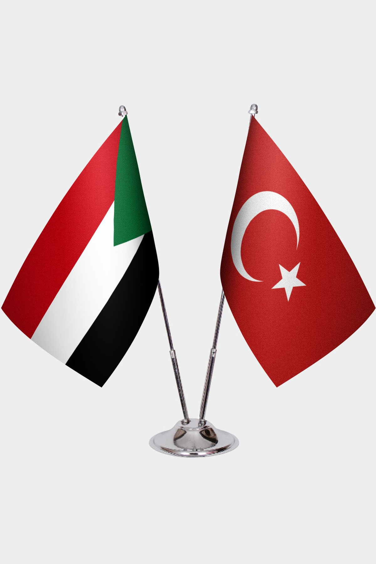 Sudan and Türkiye dual desk flag set with chrome silver pedestal, satin office table flag