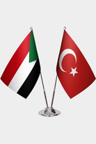 Sudan and Türkiye dual desk flag set with chrome silver pedestal, satin office table flag