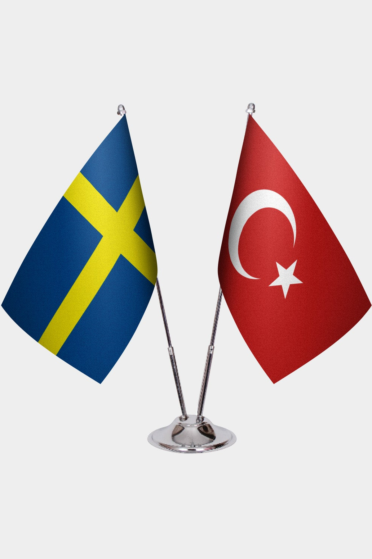 Sweden and Türkiye dual desk flag set with chrome silver pedestal, satin office table flag
