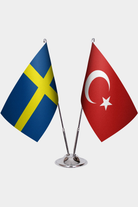 Sweden and Türkiye dual desk flag set with chrome silver pedestal, satin office table flag