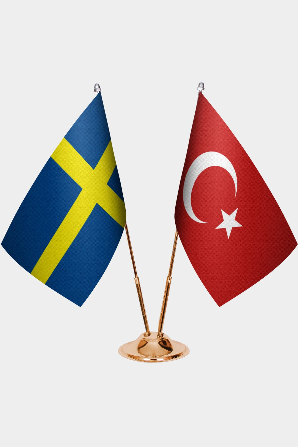 Sweden and Türkiye dual desk flag set with gold pedestal, satin office table flag