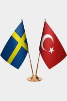 Sweden and Türkiye dual desk flag set with gold pedestal, satin office table flag