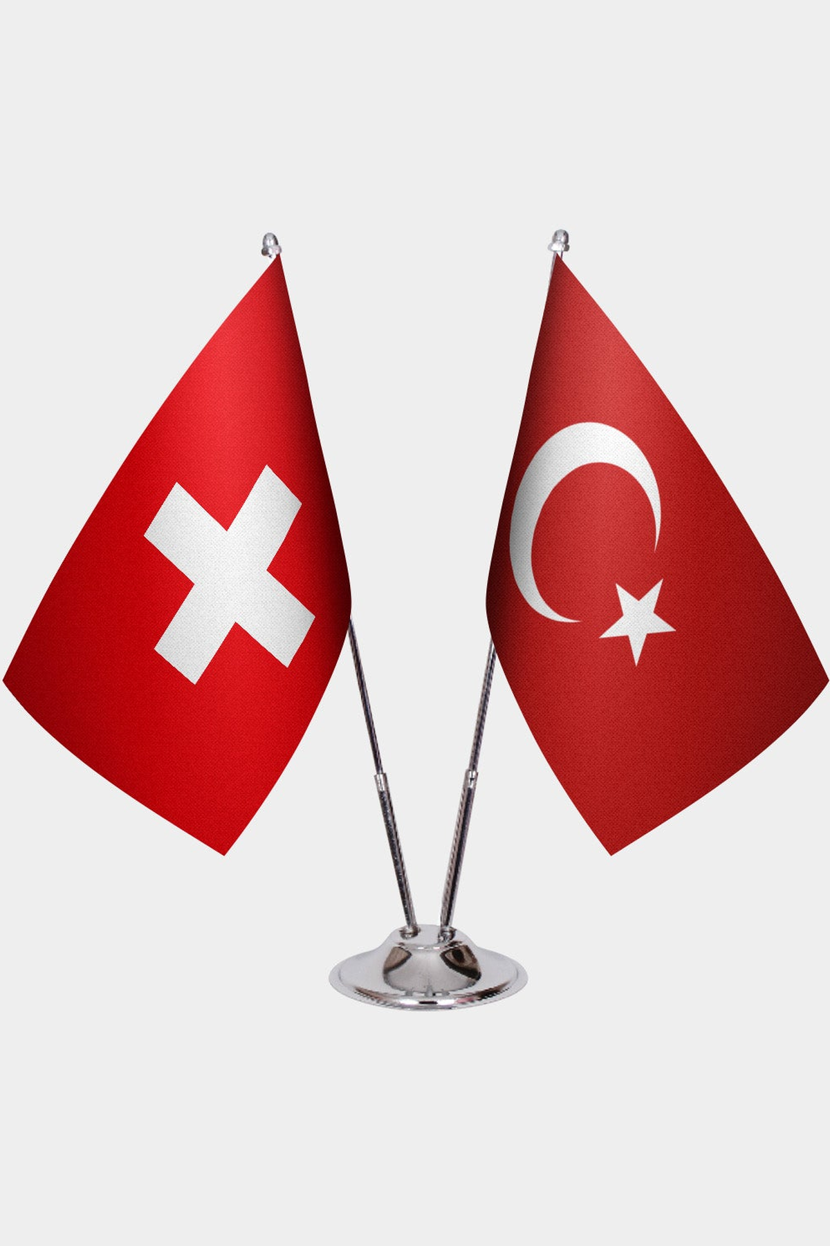 Switzerland and Türkiye dual desk flag set with chrome silver pedestal, satin office table flag