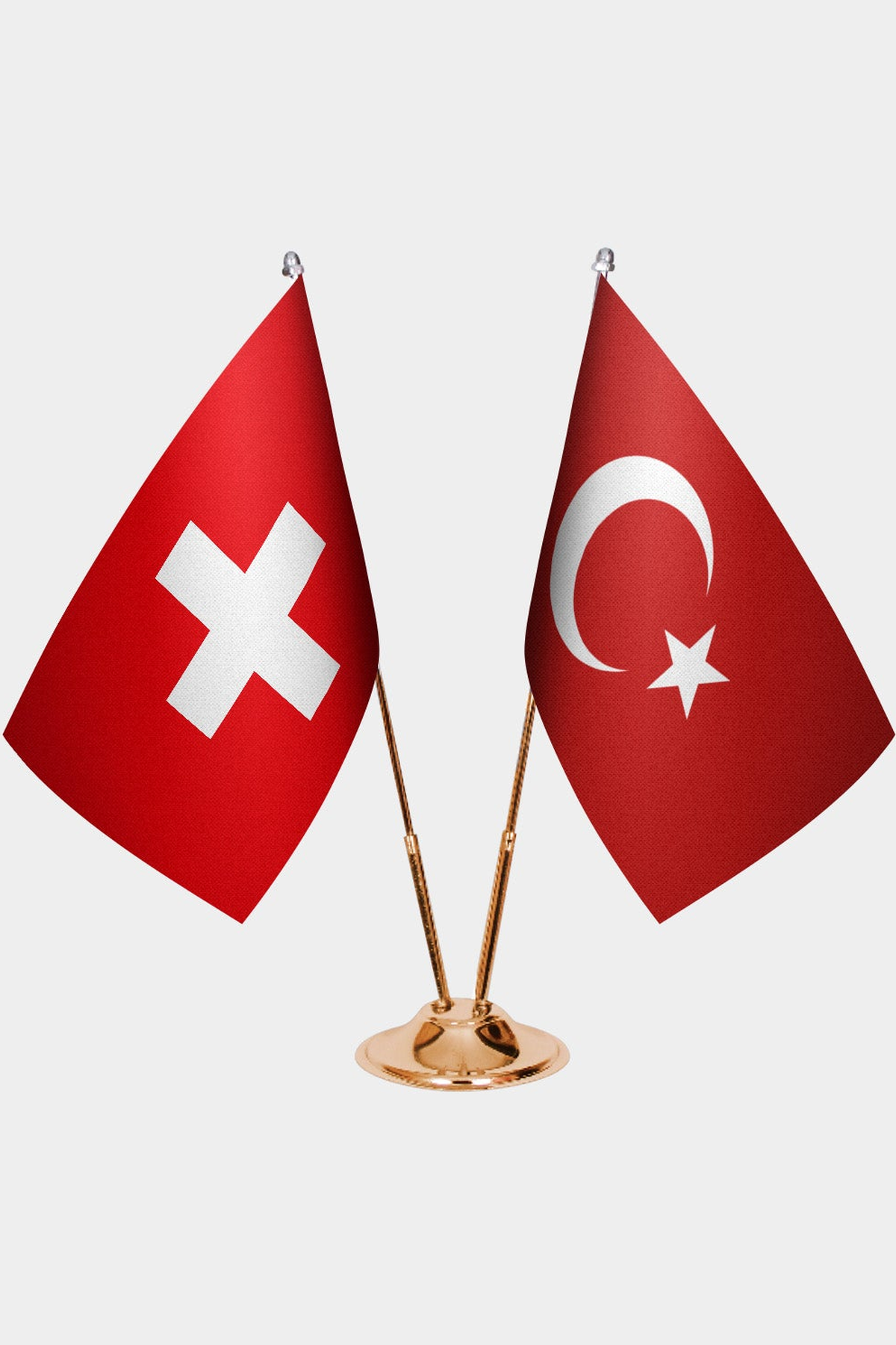 Switzerland and Türkiye dual desk flag set with gold pedestal, satin office table flag