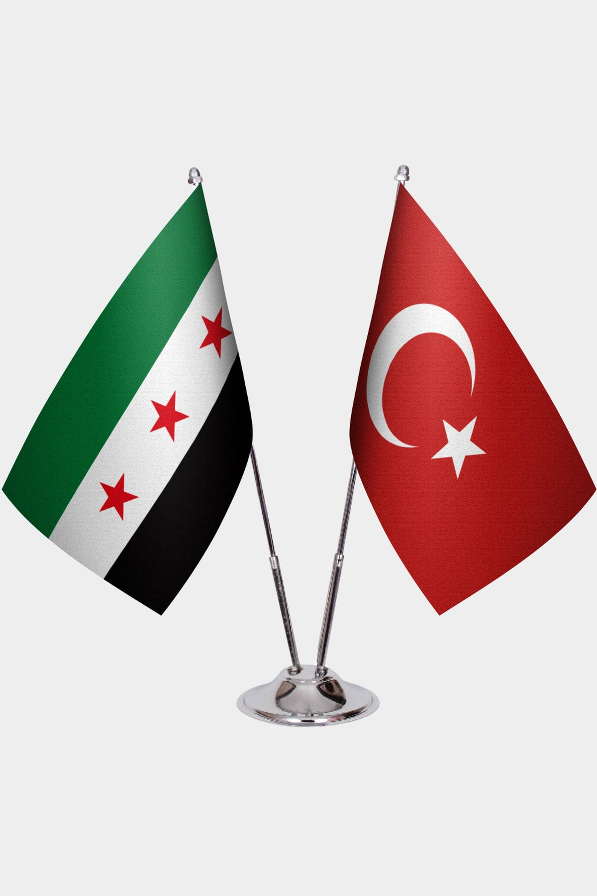 Syria and Türkiye dual desk flag set with chrome silver pedestal, satin office table flag