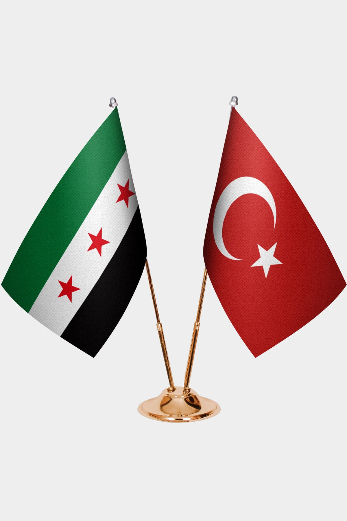 Syria and Türkiye dual desk flag set with gold pedestal, satin office table flag