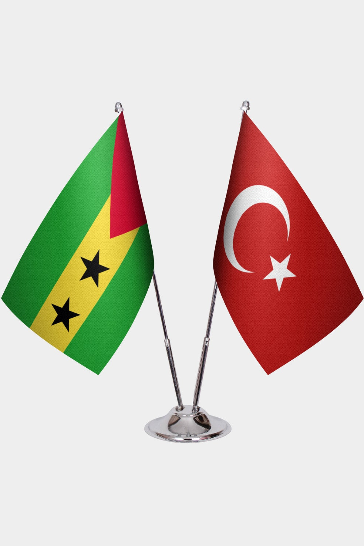 São Tomé & Príncipe and Türkiye dual desk flag set with chrome silver pedestal, satin office table flag