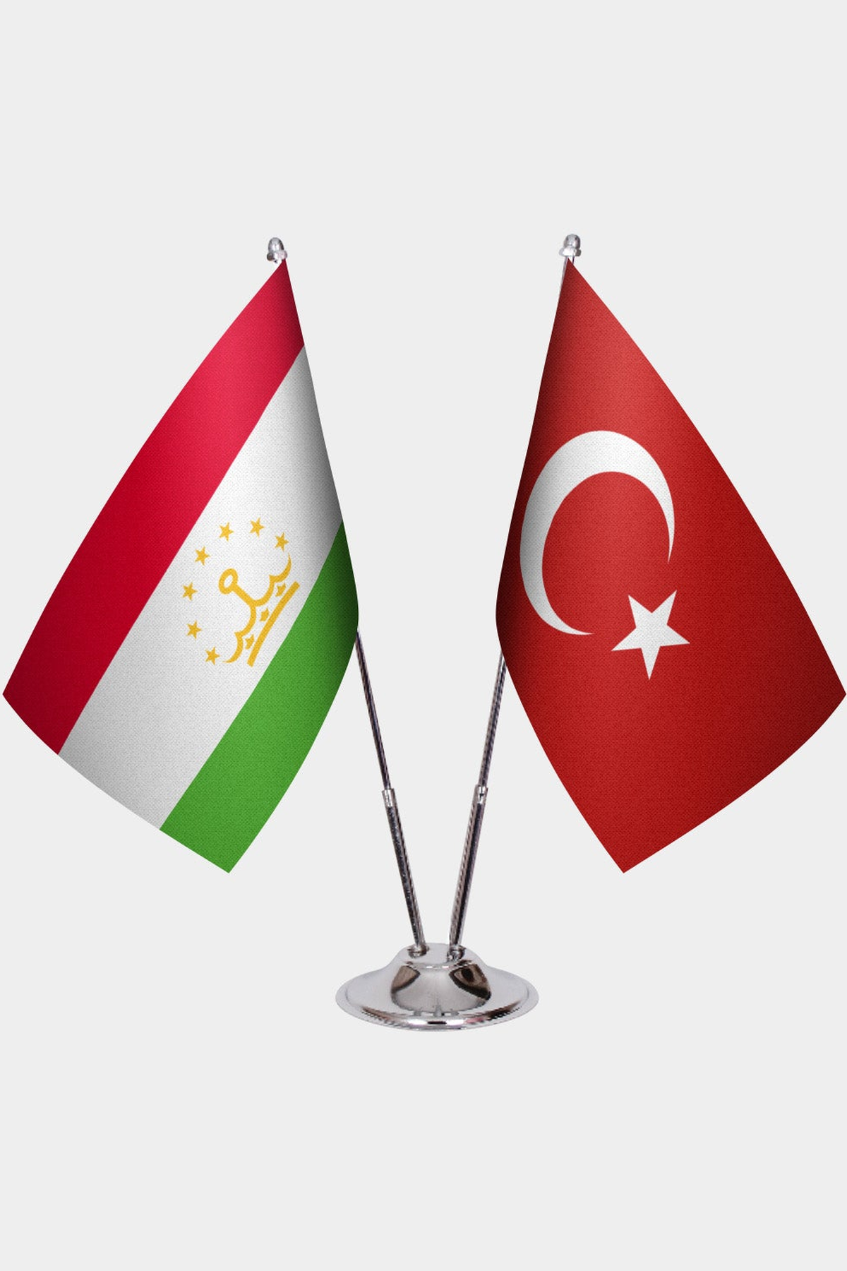 Tajikistan and Türkiye dual desk flag set with chrome silver pedestal, satin office table flag