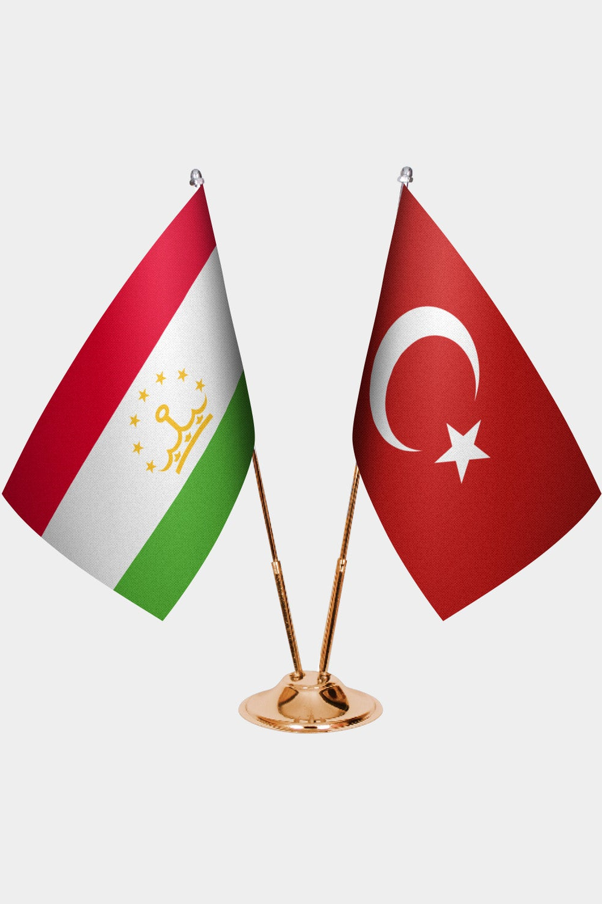 Tajikistan and Türkiye dual desk flag set with gold pedestal, satin office table flag